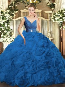 Edgy Floor Length Backless Quinceanera Gown Blue for Military Ball and Sweet 16 and Quinceanera with Beading and Ruching