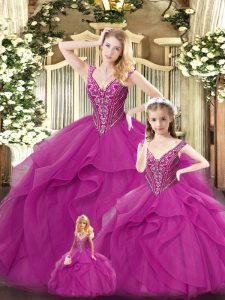 Dazzling Fuchsia Ball Gowns Straps Sleeveless Organza Floor Length Lace Up Beading and Ruffles Quince Ball Gowns