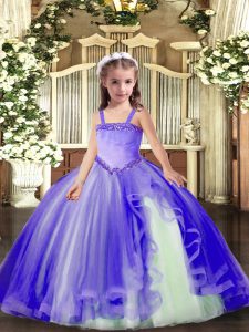 High End Floor Length Lavender Little Girls Pageant Dress Wholesale Tulle Sleeveless Appliques