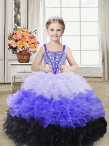Beautiful Multi-color Organza Lace Up Little Girl Pageant Gowns Sleeveless Floor Length Beading and Ruffles