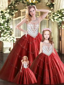  Floor Length Wine Red Ball Gown Prom Dress Tulle Sleeveless Beading