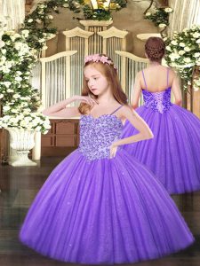  Floor Length Lavender Party Dress for Girls Tulle Sleeveless Appliques