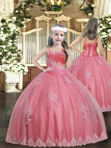  Watermelon Red Ball Gowns Straps Sleeveless Tulle Floor Length Lace Up Appliques Child Pageant Dress