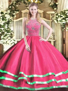 Trendy Ball Gowns Quinceanera Dress Hot Pink Halter Top Tulle Sleeveless Floor Length Zipper