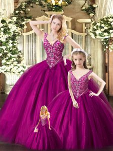 Lovely Sleeveless Organza Floor Length Lace Up Vestidos de Quinceanera in Fuchsia with Beading