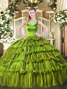 Fine Olive Green Ball Gowns Organza Scoop Sleeveless Beading and Ruffled Layers Floor Length Side Zipper Sweet 16 Quinceanera Dress