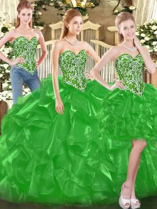 Ideal Green Lace Up Quinceanera Dresses Beading and Ruffles Sleeveless Floor Length