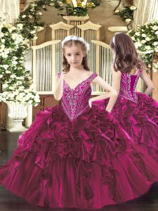 Superior V-neck Sleeveless Pageant Gowns For Girls Floor Length Beading and Ruffles Fuchsia Organza