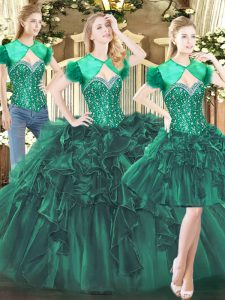 Glamorous Sweetheart Sleeveless Lace Up Quinceanera Gown Dark Green Tulle