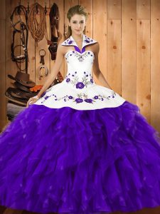 Custom Made Purple Halter Top Lace Up Embroidery and Ruffles Ball Gown Prom Dress Sleeveless