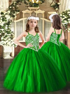  Green Tulle Lace Up Little Girls Pageant Gowns Sleeveless Floor Length Beading