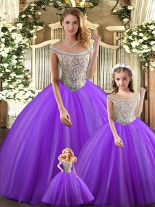  Floor Length Purple Ball Gown Prom Dress Tulle Sleeveless Beading
