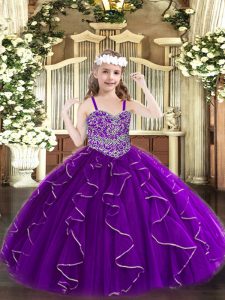 Fancy Floor Length Purple Little Girls Pageant Dress Straps Sleeveless Lace Up