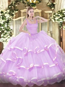 Gorgeous Lilac Quinceanera Gown Military Ball and Sweet 16 and Quinceanera with Beading and Ruffled Layers Straps Sleeveless Zipper