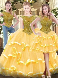  Sleeveless Tulle Floor Length Zipper Ball Gown Prom Dress in Gold with Beading and Ruffled Layers