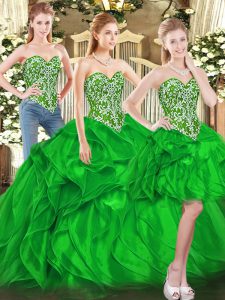 Enchanting Green Ball Gowns Tulle Sweetheart Sleeveless Beading and Ruffles Floor Length Lace Up Sweet 16 Dresses
