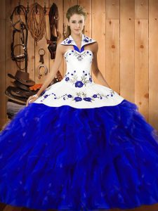 Top Selling Blue And White Sleeveless Floor Length Embroidery and Ruffles Lace Up 15th Birthday Dress