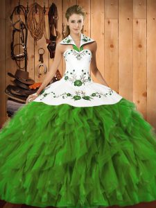Clearance Olive Green Sleeveless Floor Length Embroidery and Ruffles Lace Up Sweet 16 Dress