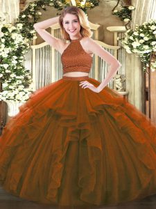 Spectacular Floor Length Backless Sweet 16 Dresses Brown for Military Ball and Sweet 16 and Quinceanera with Beading and Ruffles