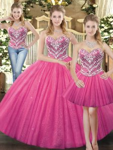 Sleeveless Tulle Floor Length Lace Up Sweet 16 Quinceanera Dress in Hot Pink with Beading