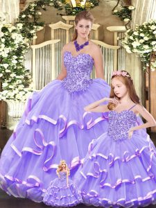  Lavender Organza Lace Up 15 Quinceanera Dress Sleeveless Floor Length Beading and Ruffled Layers