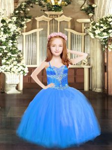  Blue Ball Gowns Tulle Spaghetti Straps Sleeveless Beading High Low Lace Up Little Girls Pageant Dress