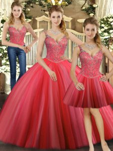 Custom Made Floor Length Lace Up 15 Quinceanera Dress Coral Red for Military Ball and Sweet 16 and Quinceanera with Beading