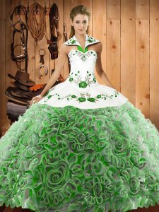  Multi-color Ball Gowns Halter Top Sleeveless Organza and Fabric With Rolling Flowers Sweep Train Lace Up Embroidery 15 Quinceanera Dress