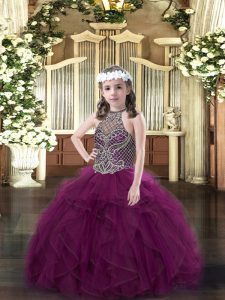  Floor Length Lace Up Little Girl Pageant Dress Purple for Party and Quinceanera with Beading and Ruffles