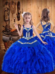  Straps Sleeveless Little Girls Pageant Dress Wholesale Floor Length Embroidery and Ruffles Royal Blue Organza