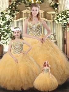 Clearance Organza Sweetheart Sleeveless Lace Up Beading and Ruffles 15th Birthday Dress in Gold