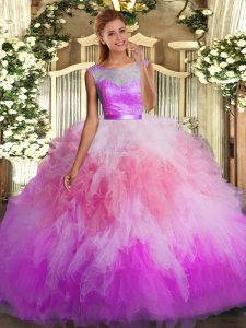  Multi-color Backless Quinceanera Dress Lace and Ruffles Sleeveless Floor Length