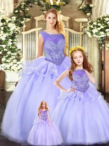  Lavender Ball Gowns Tulle Scoop Sleeveless Beading Floor Length Lace Up 15th Birthday Dress