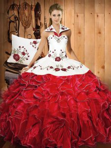  Halter Top Sleeveless Satin and Organza Quinceanera Dresses Embroidery and Ruffles Lace Up