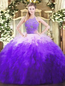Beautiful Halter Top Sleeveless Sweet 16 Dress Floor Length Beading and Ruffles Multi-color Tulle