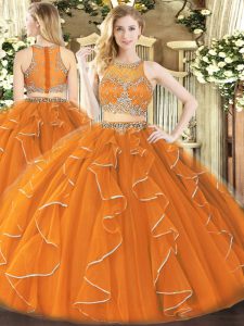 Flare Orange Zipper Scoop Beading and Ruffles 15 Quinceanera Dress Organza Sleeveless
