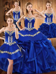 Discount Royal Blue Organza Lace Up Sweetheart Sleeveless Floor Length Quinceanera Gown Embroidery and Ruffles
