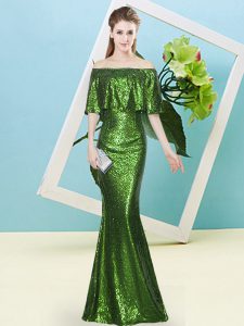  Off The Shoulder Half Sleeves Prom Evening Gown Floor Length Sequins Green Sequined