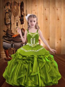 Sleeveless Organza Floor Length Lace Up Little Girl Pageant Dress in Olive Green with Embroidery and Ruffles