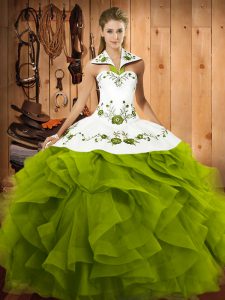  Tulle Halter Top Sleeveless Lace Up Embroidery and Ruffles 15th Birthday Dress in Olive Green