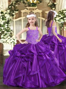 Simple Purple Lace Up Party Dress Beading and Ruffles Sleeveless Floor Length