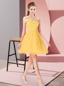 Excellent Organza Asymmetric Sleeveless Zipper Beading and Hand Made Flower Prom Dress in Gold