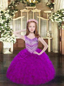  Scoop Sleeveless Kids Pageant Dress Floor Length Beading and Ruffles Fuchsia Organza