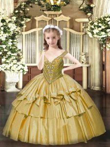 Classical Gold Organza Lace Up Little Girls Pageant Dress Sleeveless Floor Length Beading and Ruffled Layers