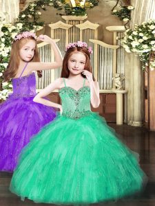  Spaghetti Straps Sleeveless Tulle Little Girls Pageant Dress Beading and Ruffles Lace Up
