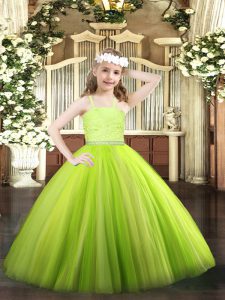 Latest Yellow Green Tulle Zipper Pageant Gowns For Girls Sleeveless Floor Length Beading and Lace