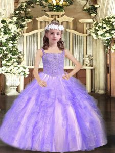 Top Selling Floor Length Lavender Little Girls Pageant Gowns Straps Sleeveless Lace Up