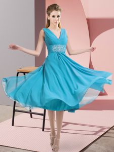 Lovely Aqua Blue Quinceanera Court of Honor Dress Prom and Party and Wedding Party with Beading V-neck Sleeveless Side Zipper