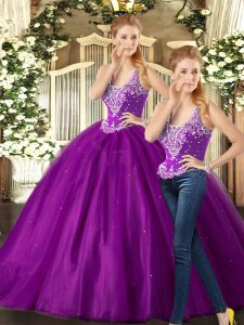  Purple Tulle Lace Up Straps Sleeveless Floor Length Sweet 16 Dress Beading