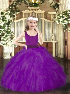  Purple Ball Gowns Scoop Sleeveless Tulle Floor Length Zipper Beading Little Girl Pageant Gowns